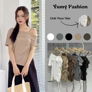 Áo Lệch Vai Nữ Bigsize Cổ Thuyền Sora.Mall,Áo Trễ Vai Nữ Rút Dây Bên Hông Chất Liệu Thun Tăm 120