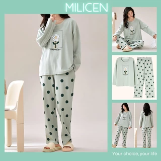 Bộ Đồ Ngủ Dài Tay MILICEN Họa Tiết Hoa Chấm Bi Dễ Thương Bộ Pijama Thu Đông Chất Liệu Cotton Mã 1032