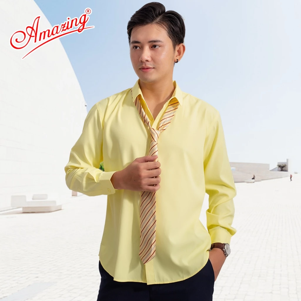 Áo sơ mi nam công sở Amazing, màu trơn, form slim fit không túi, vải Bamboo, phong cách Hàn, vạt bầu