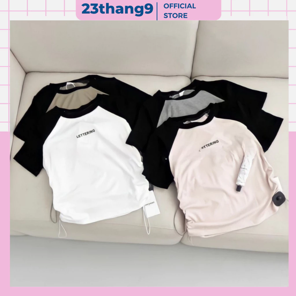Áo thun nữ , áo thun baby tee nữ cổ tròn tay ngắn rút dây 2 bên họa tiết chữ lettering chất thun tăm co giãn A309