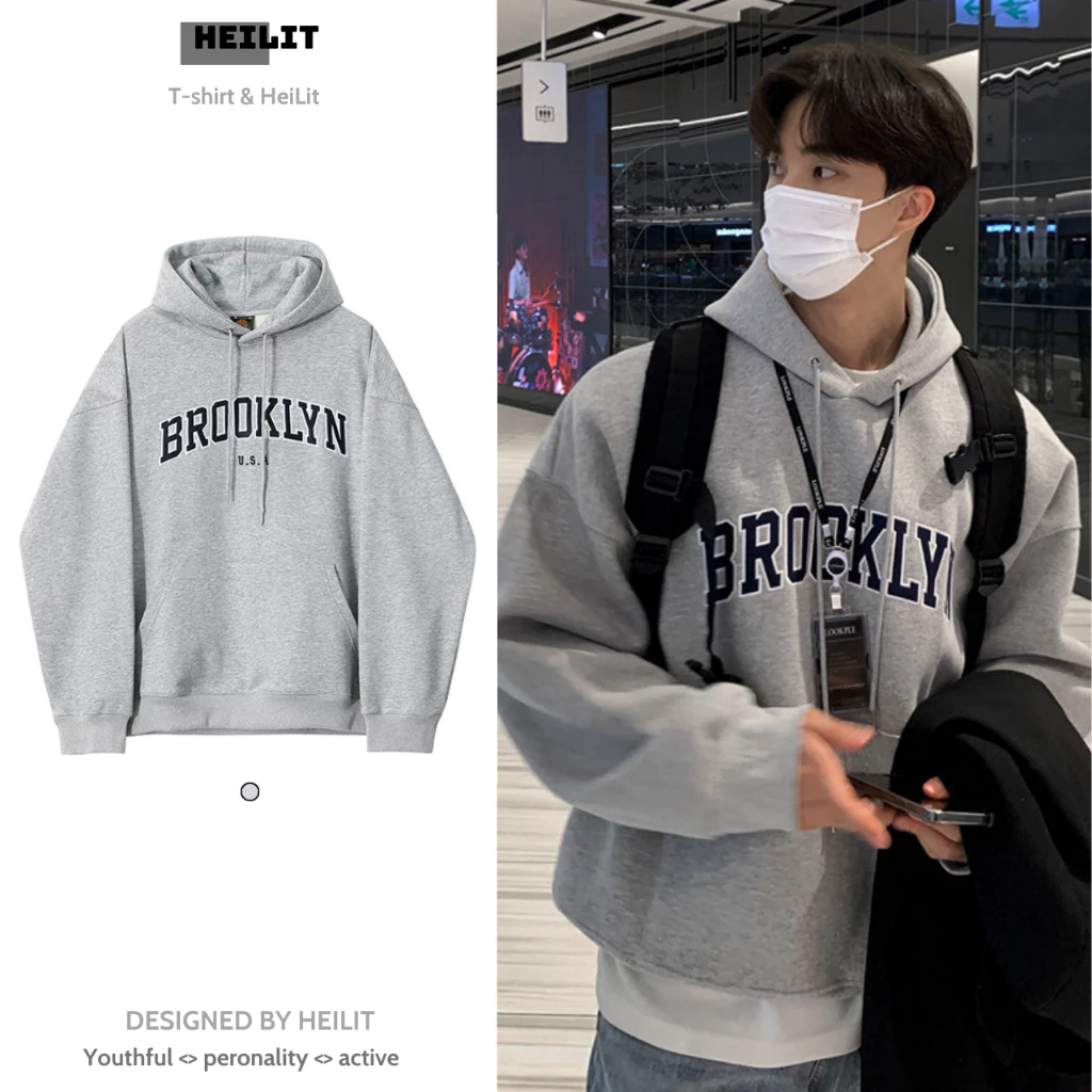 Áo Hoodie Nam In Họa Tiết Chữ BROOKLYN HeiLit Chất Nỉ Bông Dày Dặn Form Mũ Rộng