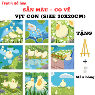 Tranh tô màu theo số Vịt Xinh Xắn có sẵn khung size 20x20cm kèm khung, Tranh sơn dầu số hóa hottrend