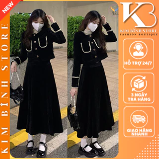 Set đồ nữ nhung đen, váy nhung dáng dài thiết kế dài tay phối viền ren phong cách tiểu thư ulzzang - Kim Bình Store