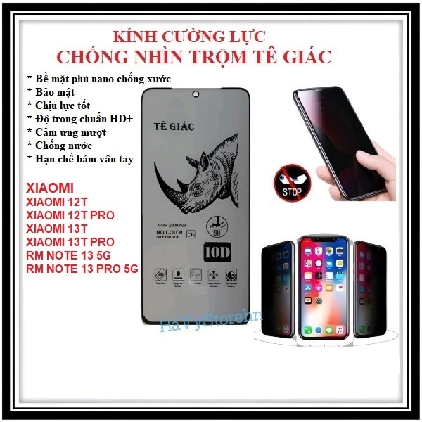 Kính cường lực TÊ GIÁC chống nhìn trộm full màn hình Xiaomi 13T 13T Pro Xiaomi 12T 12T Pro Redmi Note 13 Note 13 Pro