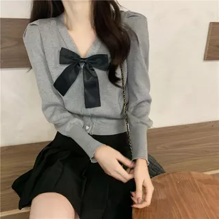 Áo sơ mi len kiểu nữ Cardigan Tay dài Phối nơ Dáng ôm Cổ V Áo len sơ mi nữ Kiểu dáng Cardigan Form ôm