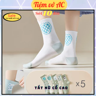 Tất nữ cổ cao sét 5 đôi hoạ tiết pha xanh T65