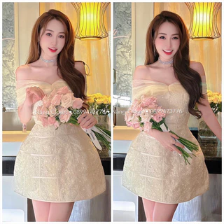 Đầm ren phối lưới trễ vai màu nude NÀNG CLOSET