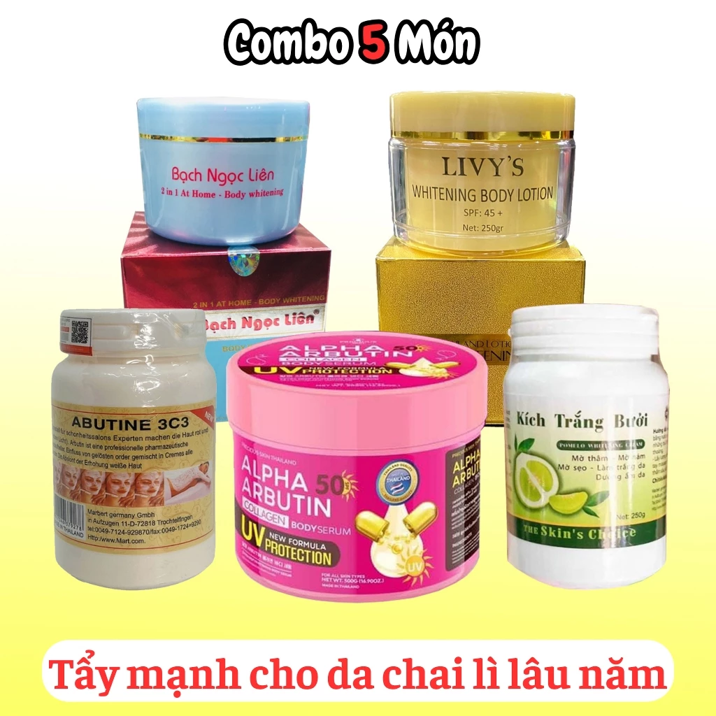 Combo kem dưỡng body t.ẩ.y trắng Cho da chai lì lâu năm (BNL+LIVY+ALPHA500+3C3+KichBuoi)
