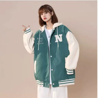 Áo hoodie nữ - khoác nỉ Bomber Unisex, có mũ 2 lớp ulzzang phong cách Hàn Quốc thêu chữ N, có Cúc bấm