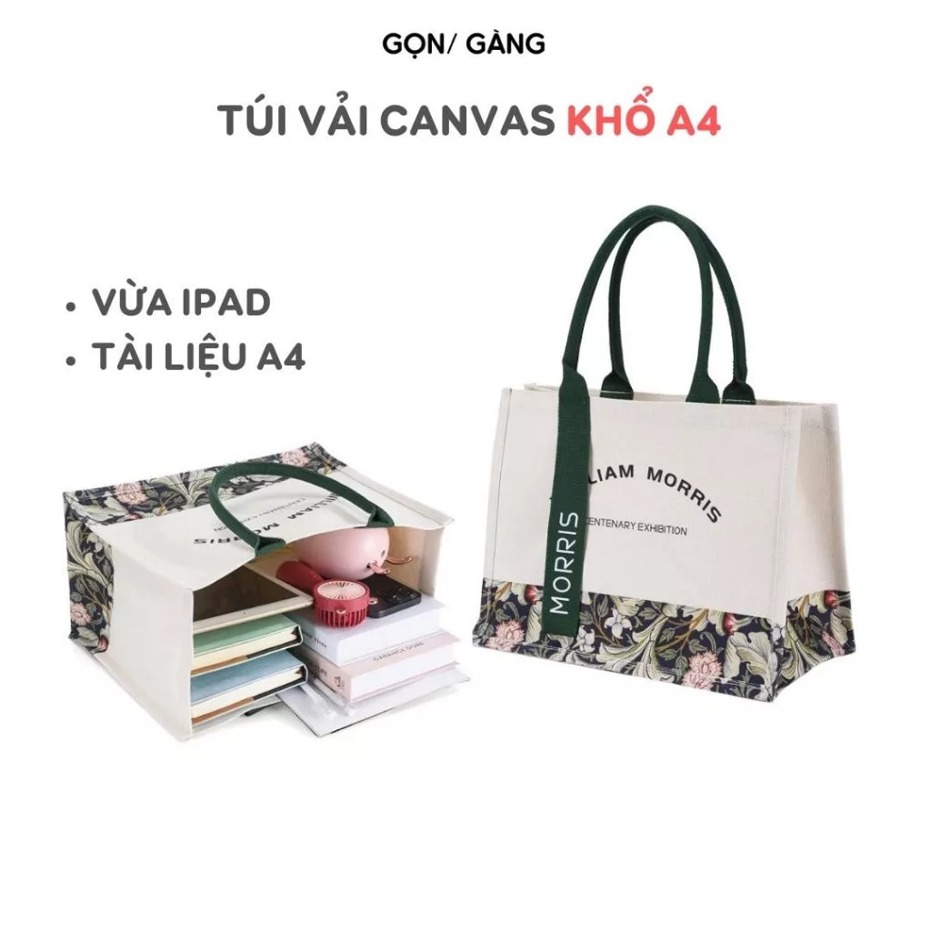 Túi xách canvas vải tote khổ A4 vừa laptop họa tiết hoa vintage đựng đồ tài liệu du lịch đi biển đi làm công sở Gọn Gàng