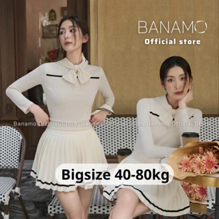 Set nữ Banamo Fashion bộ áo tăm dài tay cổ phối nơ to mix chân váy xếp ly 196