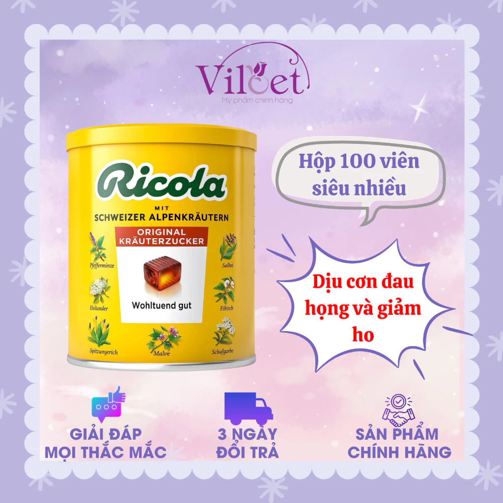 Kẹo ngậm ho thảo dược Ricola Original Đức hộp 100 viên giảm ho, khàn giọng - Shop Viloet