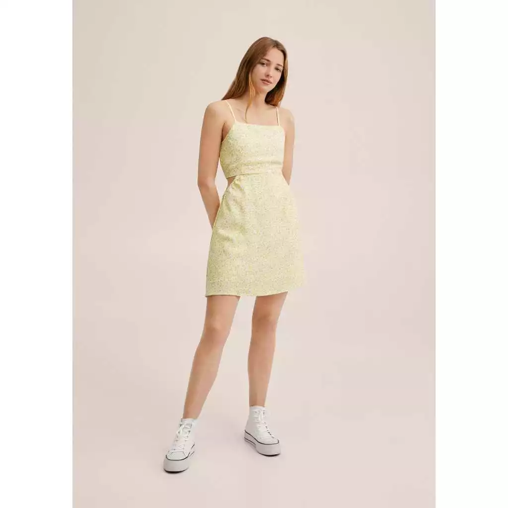Mango Đức - Đầm hoa nhí ôm body hai dây khoét eo hai lớp lót cotton vàng sale auth new tag chính hãng có sẵn 27079405