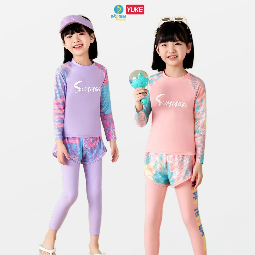 Đồ bơi bé gái YUKE tay dài quần dài chống nắng set 3 món phối vải lưới dễ thương size 14-45kg