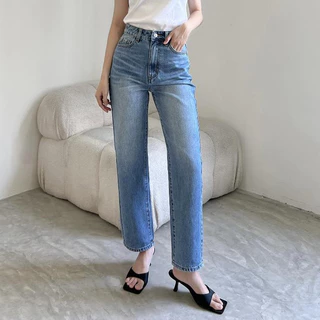 Quần Jeans Nữ REDE RB-021 Form Ống Đứng Lưng Cạp Cao Cotton Dày Dặn, Chuẩn Form Màu Xanh Nhạt Wash Bạc Hông Đùi