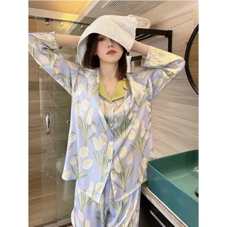 [LR24]Bộ Ngủ Mặc Nhà Pijama Lụa Dài Tay, Thiết Kế Sang Chảnh,Nữ Tính Phong Cách Hàn Quốc-HÀNG QUẢNG CHÂU