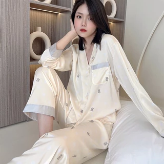 [LR23]Bộ Ngủ Mặc Nhà Pijama Lụa Dài Tay, Thiết Kế Sang Chảnh,Nữ Tính Phong Cách Hàn Quốc-HÀNG QUẢNG CHÂU