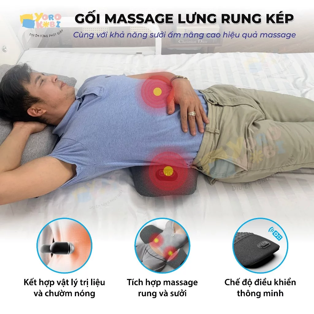 Gối kê lưng massage chườm nóng YOROKOBI, giúp giảm đau lưng thoát vị đĩa đệm, cao su non nguyên khối