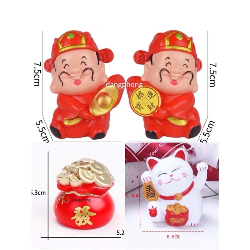 Ông thần tài, mèo thần tài, hũ vàng, rồng nhựa trang trí thap bánh, giỏ quà