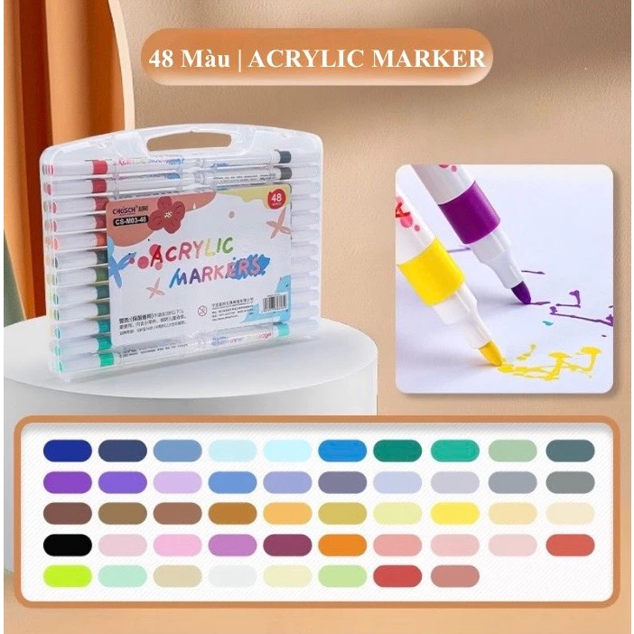 Bút Màu Acrylic Marker 12/24/36/48/60 Cao Cấp Màu Sắc Tươi Sáng, Vẽ Được Trên Mọi Chất Liệu