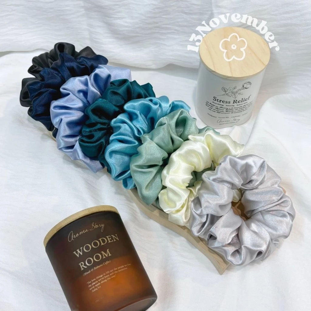 [SIÊU TO] Scrunchies Cột Tóc Vải Lụa Satin, Phi Bóng Tone Lạnh Xanh Phong Cách Hàn Quốc Hiện Đại Dễ Thương Trơn Ánh