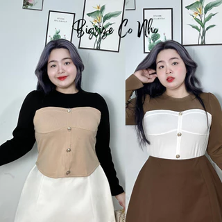 Áo Thun Tay Dài Kiểu Bigsize Nữ Phối Màu Vải Nỉ Co Giãn Cổ Tròn Dáng Ngắn Croptop Che Vai Bắp Tay G140