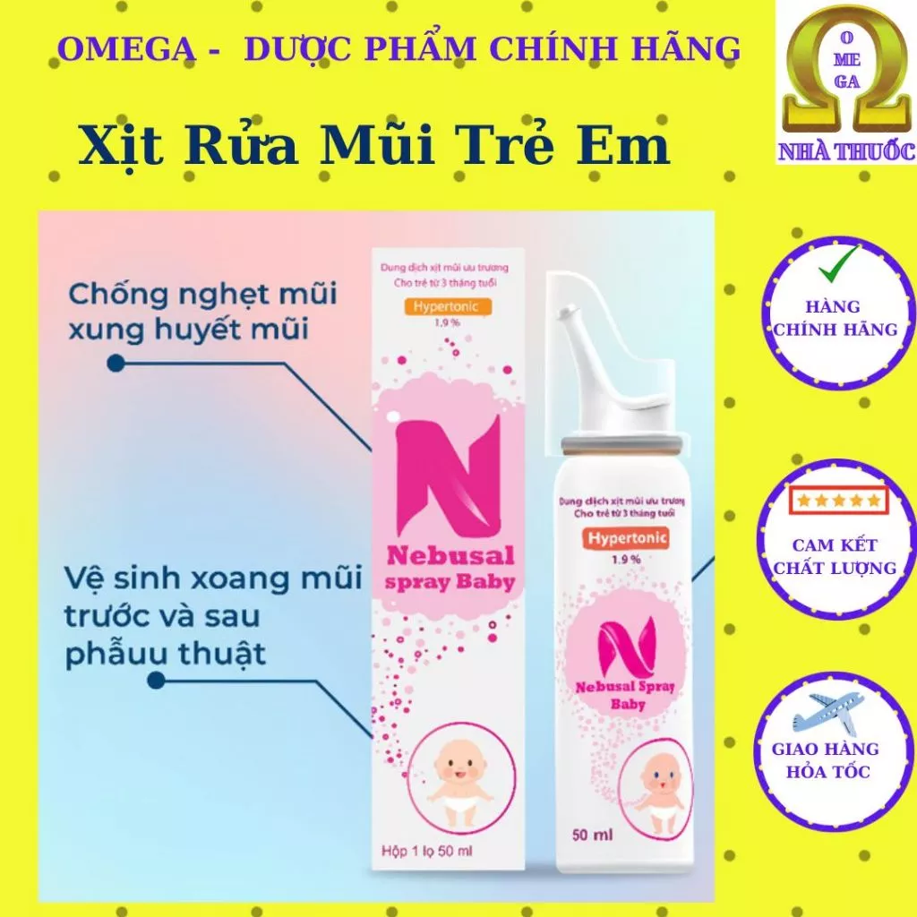 Xịt rửa mũi cho bé NEBUSAL SPRAY BABY 1,9% CPC1HN 50ml - Vệ Sinh Mũi An Toàn Cho Các Bé