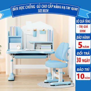 Bộ bàn học chống gù F07 Plus, Bàn học cho bé có giá sách, Nâng hạ tay quay cao cấp