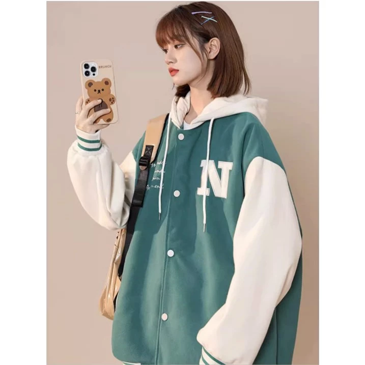 Áo hoodie nữ - khoác nỉ Bomber Unisex thêu chữ N phối viền, có mũ 2 lớp  thân áo 1 lớp ulazzang