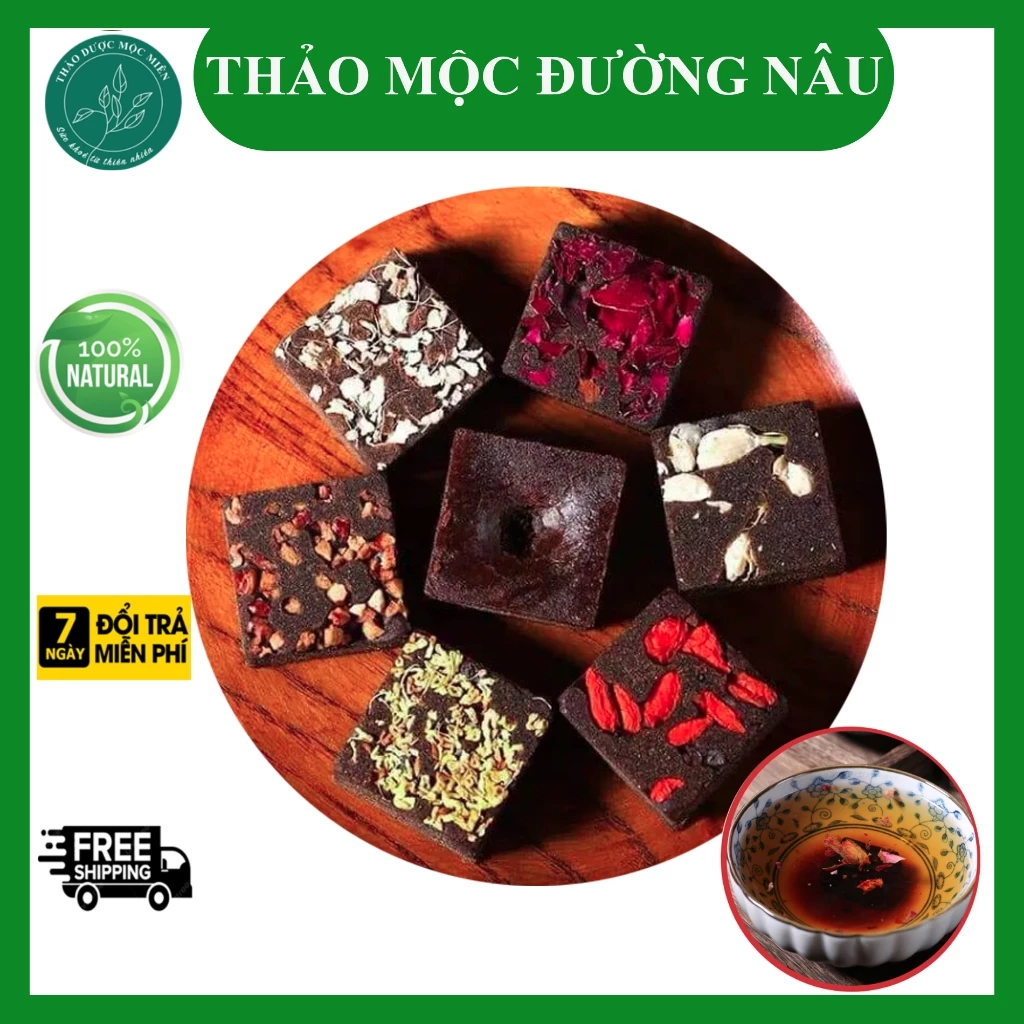 1 viên Trà đường nâu thảo mộc, Có 6 vi Hoa Hồng, Quế Hoa, Kỳ Tử, Táo đỏ, Gừng, nguyên vị