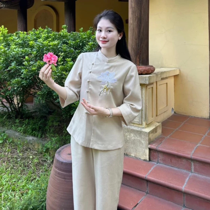 Bộ đồ lam đi chùa chữ An vải linen