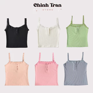 Áo 2 dây croptop nữ viền ren phối KHUY nữ tính - CHINH TRẦN STORE