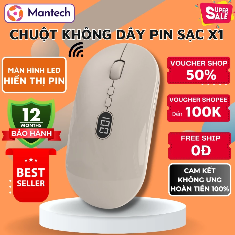 Chuột Không Dây WireLess USB 2.4g X1 Thiết Kế Mỏng, Nhỏ Gọn, Tích Hợp Màn Hình Led Hiển Thị Pin, Chuột Quang Siêu Mượt