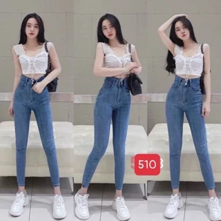 Quần jean nữ trơn màu xanh đậm lưng cao, Quần bò nữ lưng cao ôm dáng 2 nút hoạ tiết T-Fashion Shop M