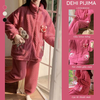 [ SẴN ] Bộ Đồ Ngủ Bông Váy Ngủ Pyjam In Họa Tiết Dễ Thương Thời Trang Thu Đông Cho Nữ
