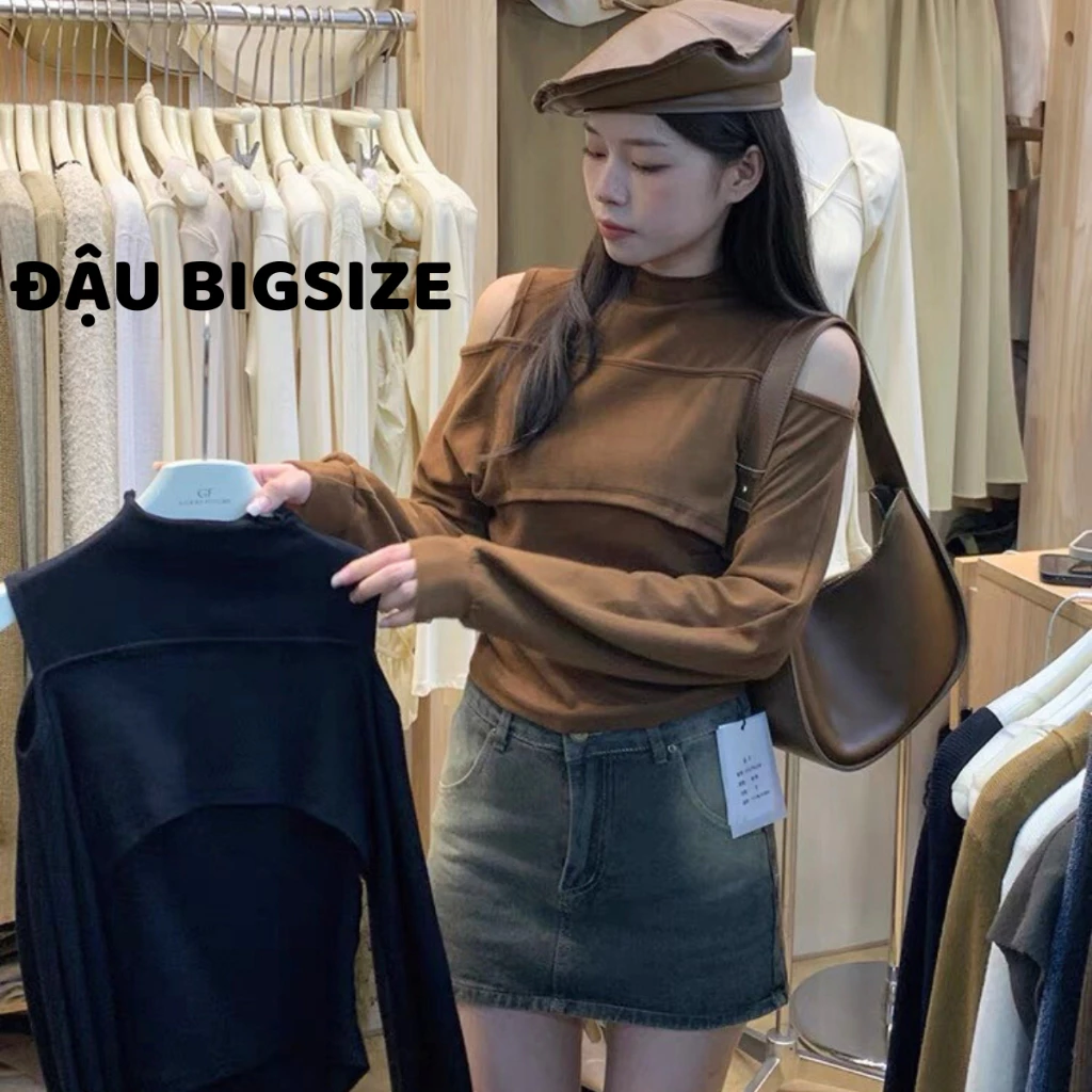 Áo thun thời trang Đậu bigsize nữ dài bo tay khoét vai cổ lọ chất  gân tăm co giãn mềm mại -  G223