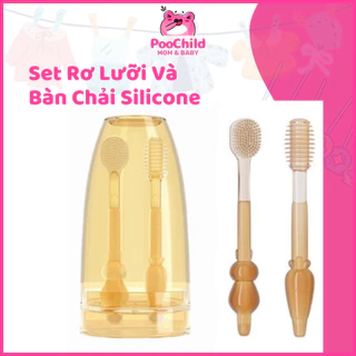 Rơ lưỡi và bàn chải đánh răng silicon cho bé vệ sinh răng miệng có cốc đựng nắp đậy 0-18 tháng tuổi