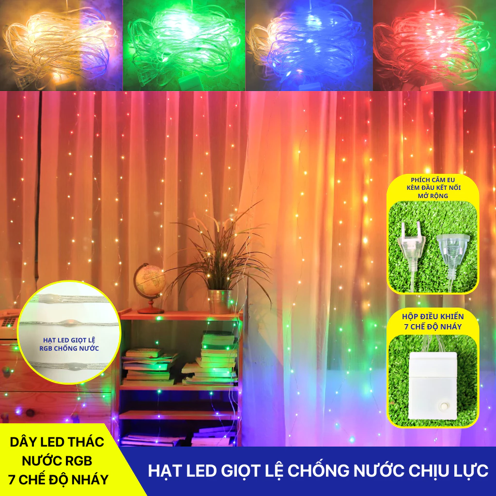 Bộ dây đèn led thác nước giọt lệ - treo rèm cửa RGB 7 chế độ nháy