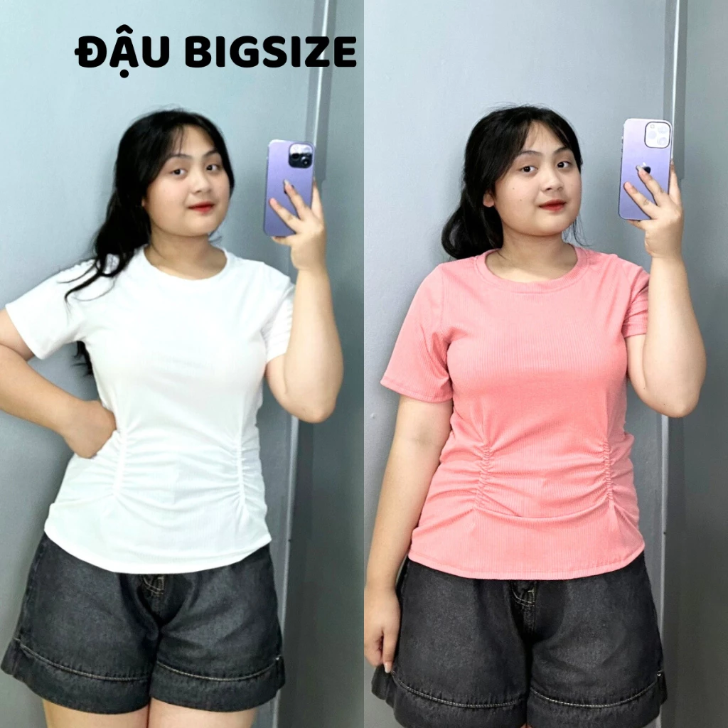 Áo thun thời trang Đậu bigsize nữ cổ tròn tay ngắn phối nhún eo chất gân tăm mềm mịn (có freesize)  - G129