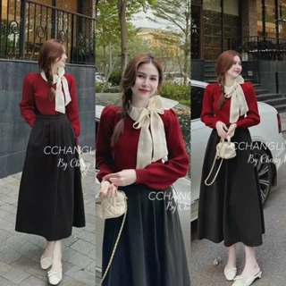 Set váy nữ phong cách hàn quốc, set vintage áo thun tay dài cột nơ cổ phối voan mix chân váy dài cotton sang chảnh dx