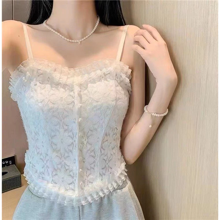 Áo bra ren hoa nhí đính khuy, Áo hai dây mẫu mới croptop mã 3026 (ảnh thật)