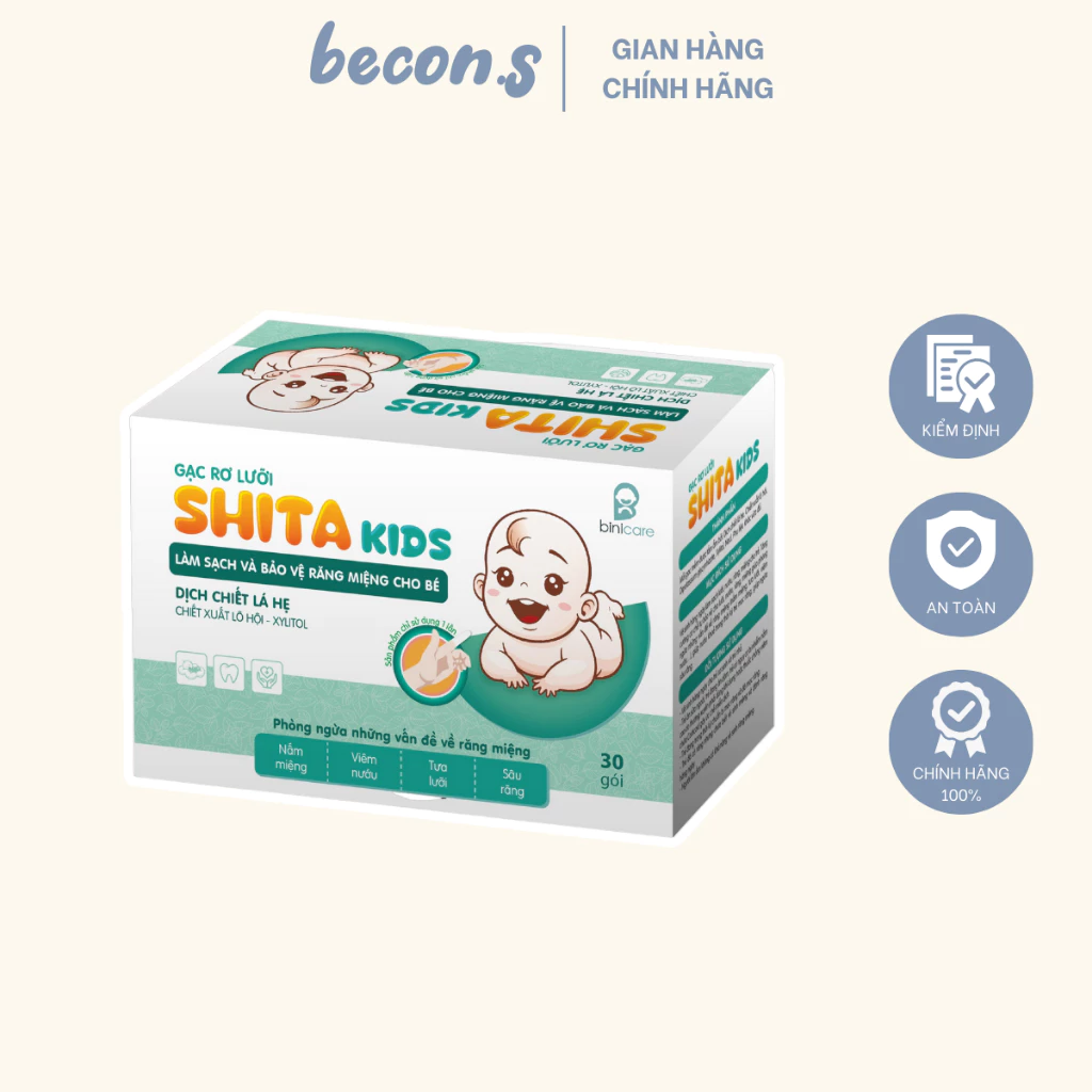 Gạc Rơ Lưỡi SHITA KIDS Vệ Sinh Răng Miệng Thảo Dược An Toàn Cho Bé (Hộp 30 Gạc) becon.s