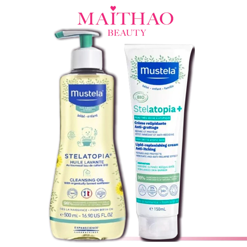 Combo Mustela Dầu Tắm Và Kem Dưỡng Da Mặt Và Cơ Thể Cho Trẻ Sơ Sinh & Em Bé Da Chàm Thể Tạng