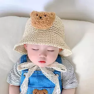 mũ cói mềm hình gấu cho bé phong cách Hàn từ 1-5 tuổi