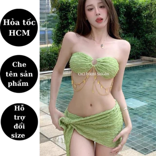 Sét bikini 3 mảnh cúp ngực kèm quần chip và khăn quấb hông màu cốm cao cấp