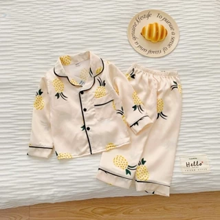 Bộ Pijama Lụa Dài Tay In Hình Quả Dứa, Bộ đồ ngủ dài tay cho bé trai và bé gái từ 8-27kg