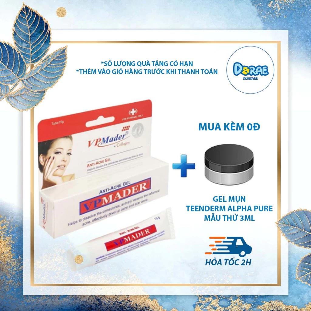 ✅[ Giảm mụn cấp tốc] Gel ngừa mụn, giảm thâm, bổ sung Collagen giúp da mịn màng, trắng sáng Vp Mader 15g