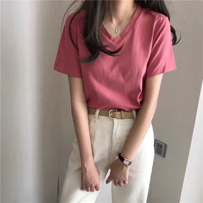 Áo cổ tim ngắn tay dáng suông cotton basic đẹp  cao cấp, áo thun nữ cổ V bigsize ACT