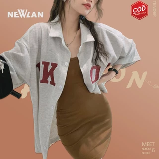 Newlan CS022 Áo Khoác Bóng Chày Tay Ngắn Vải Nhung Kẻ Kiểu Retro Mỹ Áo Sơ Mi Tay Ngắn Dáng Rộng Thêu Chữ Phong Cách Cổ Đ