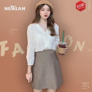 Newlan ZZ027 Áo Nữ Tay Dài Cổ Chữ V Thời Trang Quyến Rũ Áo sơ mi nữ áo babydoll trắng Ulzzang Hàn Quốc xẻ dáng rộng phon